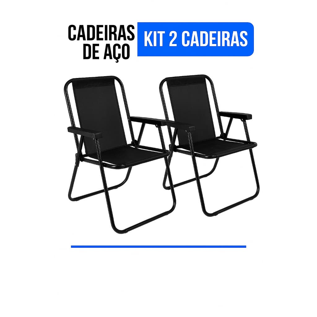 Kit 2 Cadeiras de Aço Pretas Dobráveis – Mor – Piscina, Resistência e Conforto em Dobro