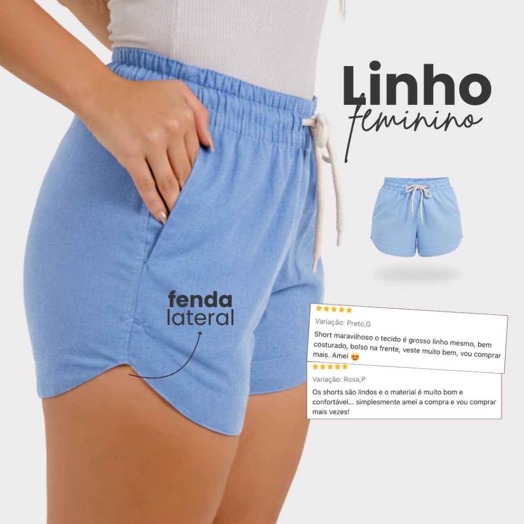 Short Linho Feminino Cintura Alta Fenda Lateral Azul Bebê Com Bolsos Laterais Praia Verão