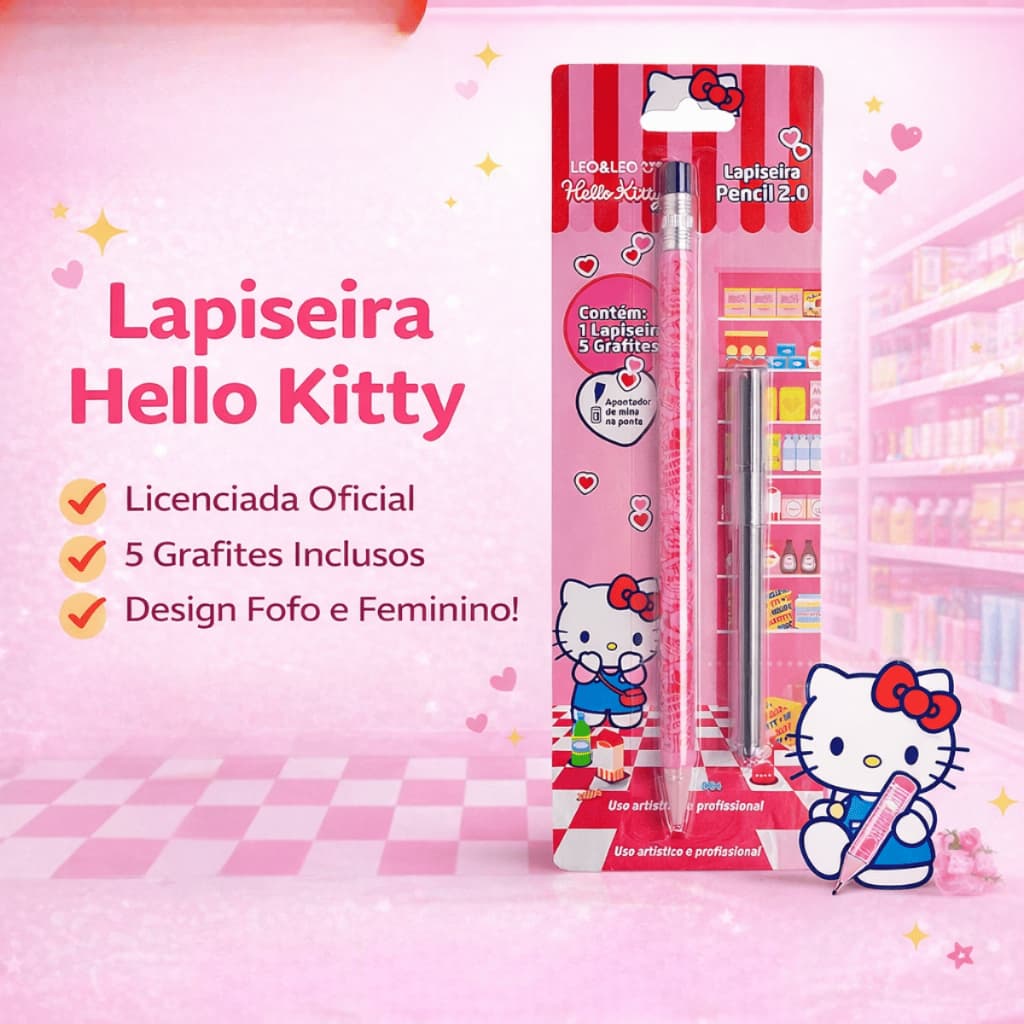 Lapiseira Pencil 2.0mm Hello Kitty  Apontador Integrado, Design Encantador, Grafite