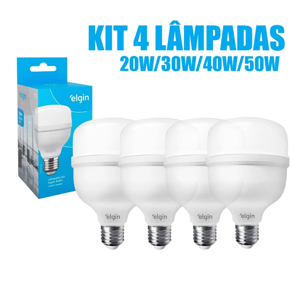 Kit 4 Lâmpadas Led Elgin Bulbo Alta Potência 20w 30w 40w 50w Bivolt 110/220V 6500k Luz Branco Frio