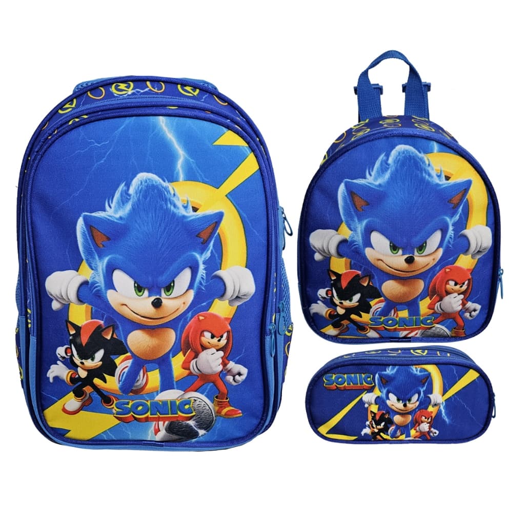 Mochila Escolar Infantil Sonic, Lancheira e Estojo Alça Acolchoadas