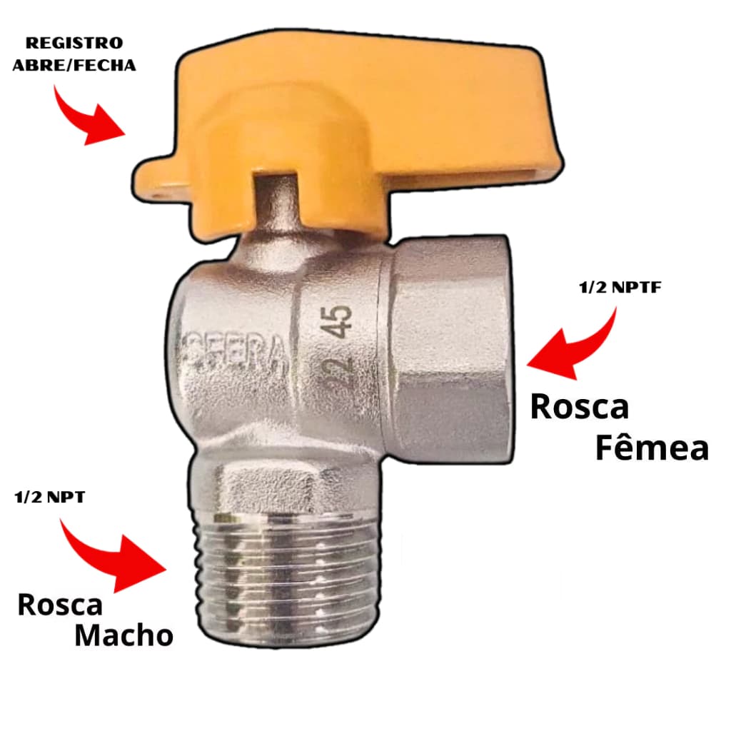 Registro Válvula De Gás Esfera Angular Abre e Fecha 90° Rosca 1/2 Macho X Fêmea MxF