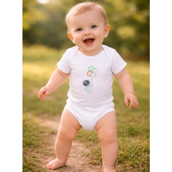 BODY BEBE BRANCO ASTRONAUTA COM BALÕES PERSONALISADO UNISSEX 1 A 12 MESES
