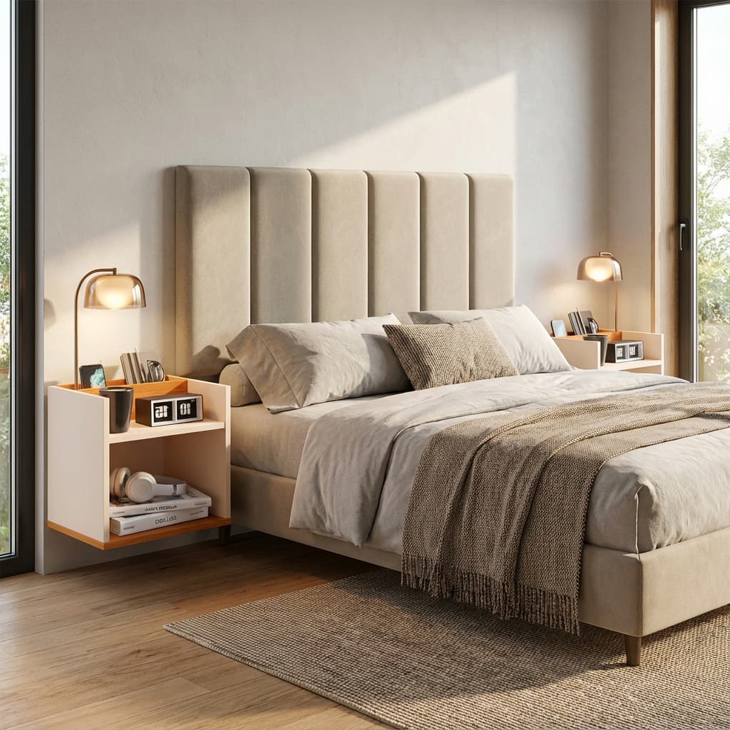 Conjunto 2 Mesas de Cabeceira Suspensas + Cabeceira Modular Autocolante 45x20 (Solteiro a King)