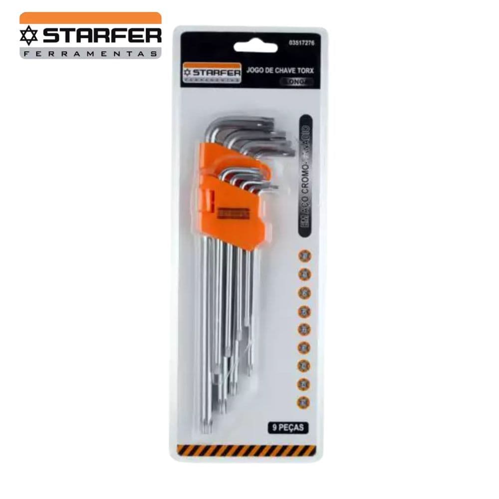 Jogo Chave Torx Longa Starfer 9 Peças T10 a T50 Aço Cromado