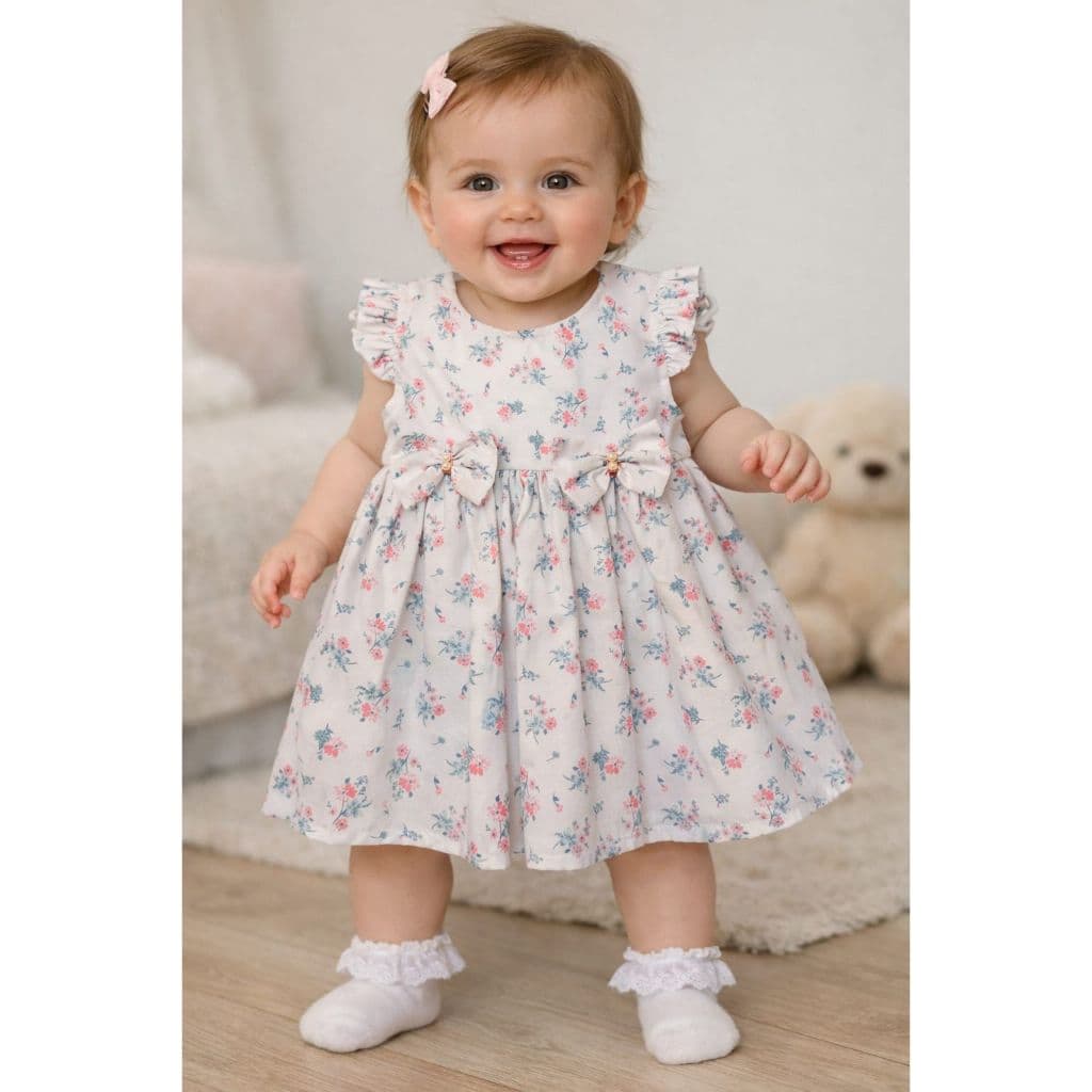 VESTIDO INFANTIL DE FLORZINHAS E LAÇO BORDADO A MAO COM PEROLAS VESTIDO RODADO E FORRADO