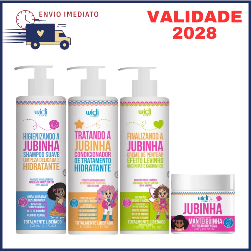 Kit 4 Itens Jubinha Shampoo Infantil + Condicionador 300ml + Creme de Pentear Levinho 300ml + Máscara 300g Widi Care