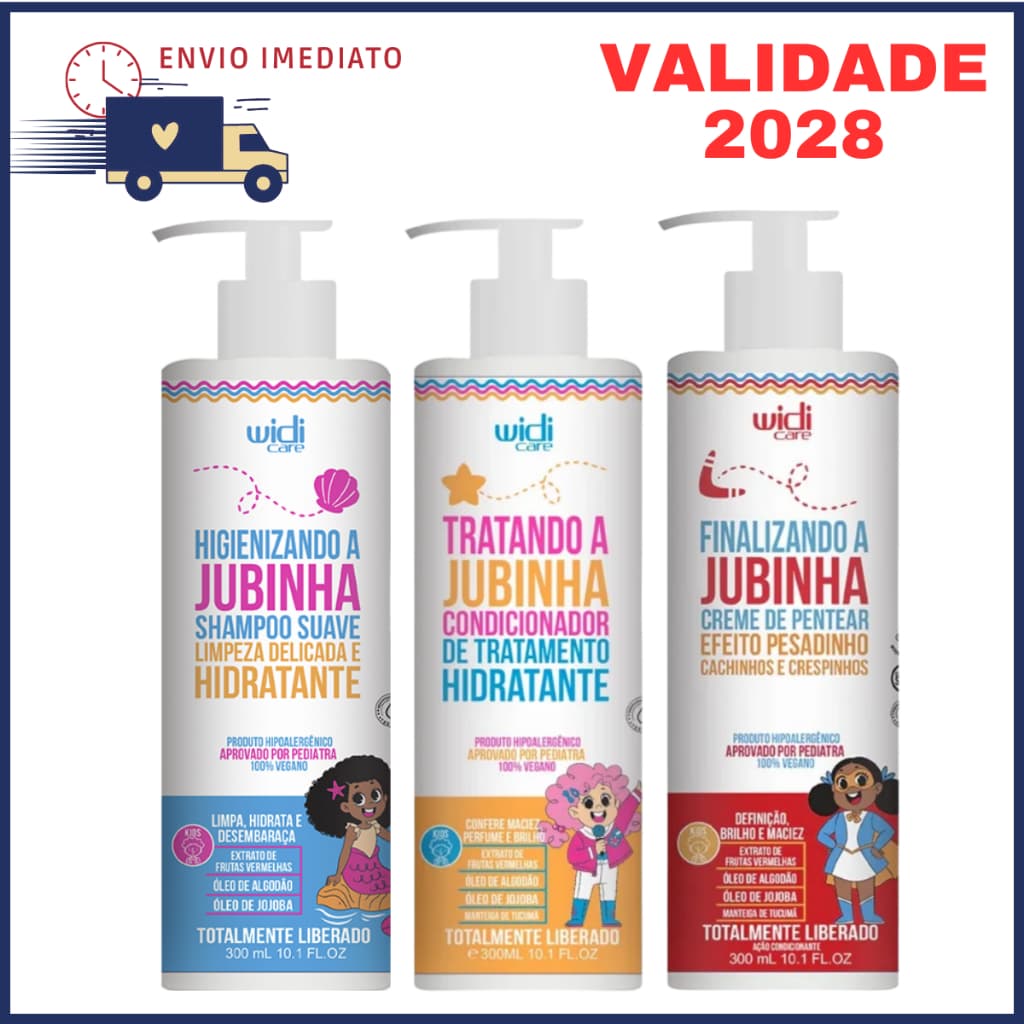 Kit Shampoo Infantil + Condicionador 300ml + Creme de Pentear Cabelo Cacheado Pesadinho 300ml Jubinha Widi Care