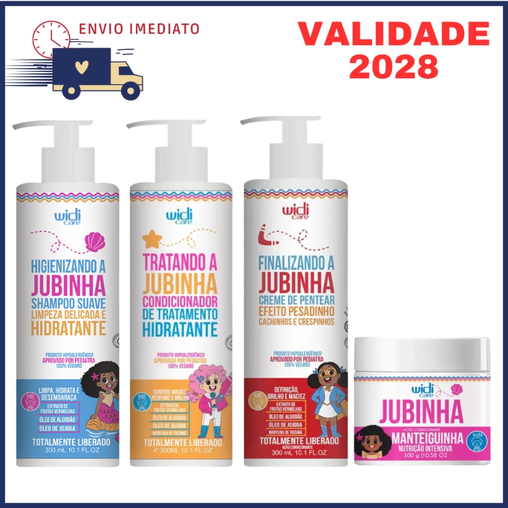 Kit Completo Shampoo Infantil + Condicionador + Creme de Pentear Finalizador Pesadinho 300ml + Máscara Jubinha Widi Care