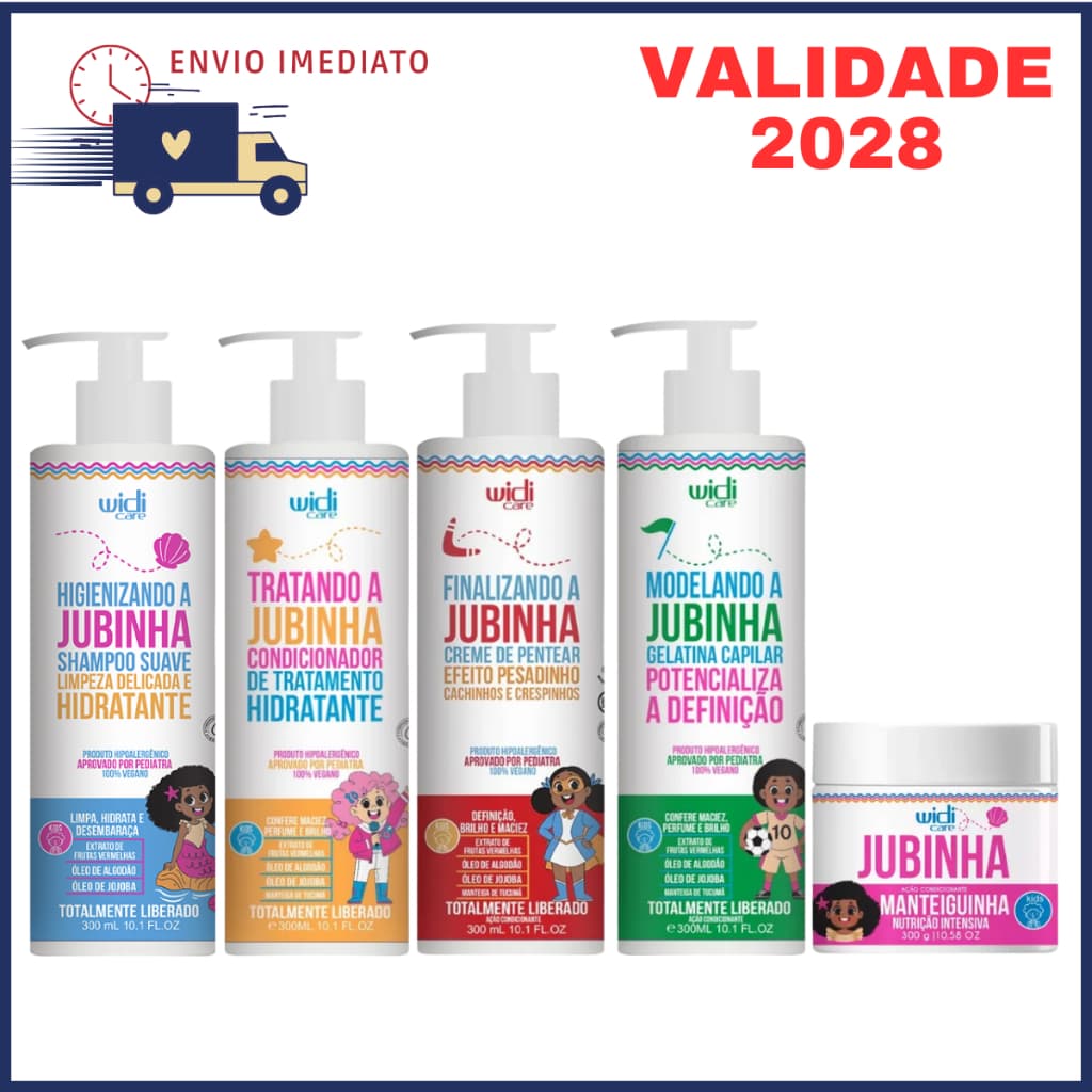 Kit Shampoo Infantil Condicionador Jubinha Creme de Pentear Pesadinho Mascara Manteiguinha Gelatina Fixadora Widi Care