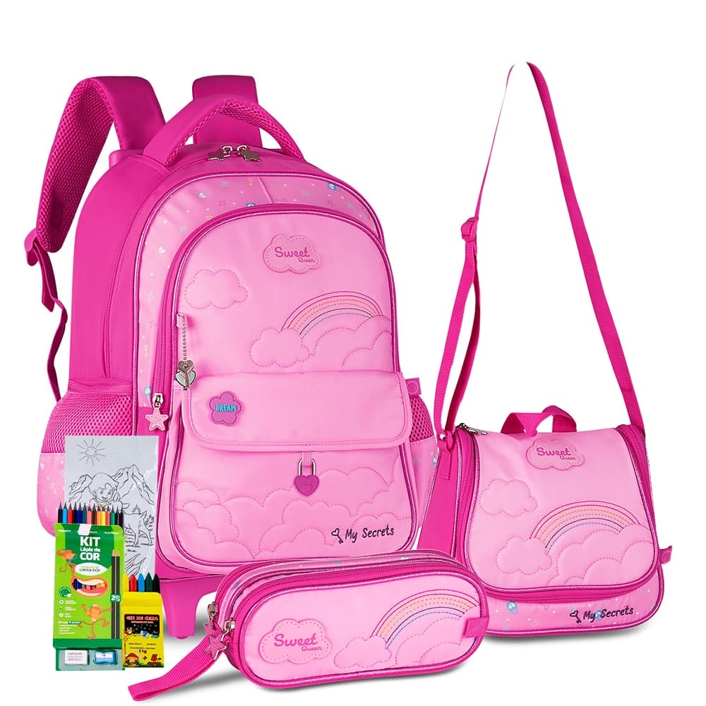 Kit Mochila Estojo Lancheira Térmica Infantil Coroa Princesa Sereia Menina