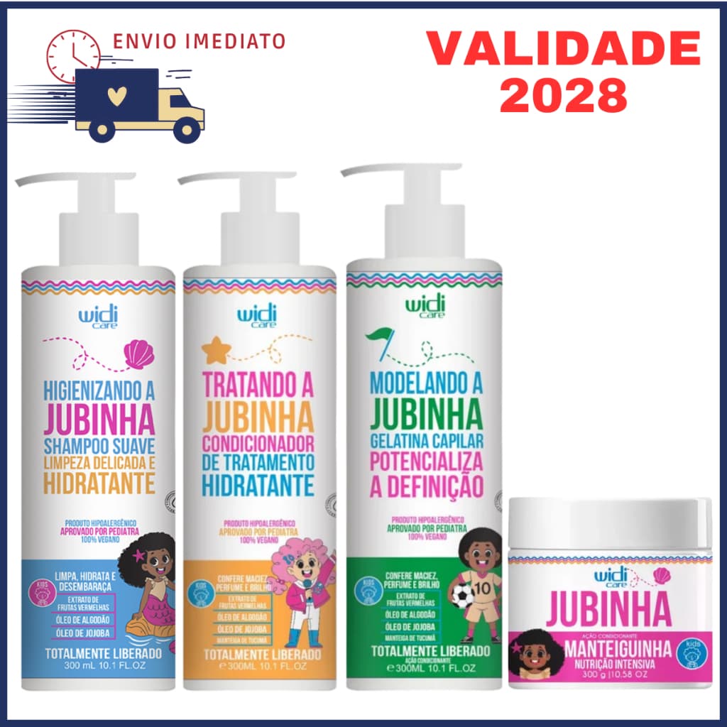 Kit Jubinha Shampoo Infantil + Condicionador + Máscara Manteiguinha + Gelatina Fixador 300ml Widi Care