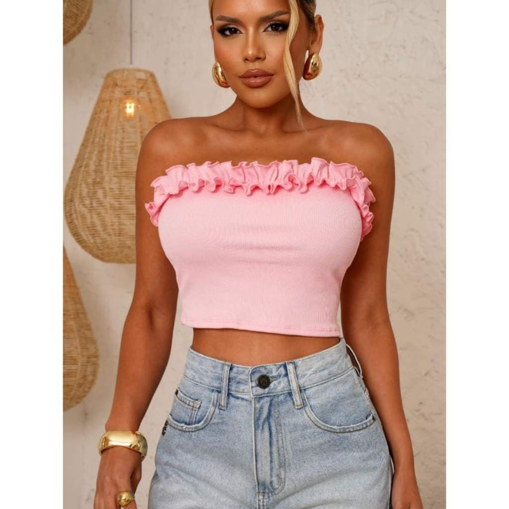 Cropped Feminino Tomara que Caia em Ribana com Bojo – Detalhe de Fru Fru Charmoso e Confortável
