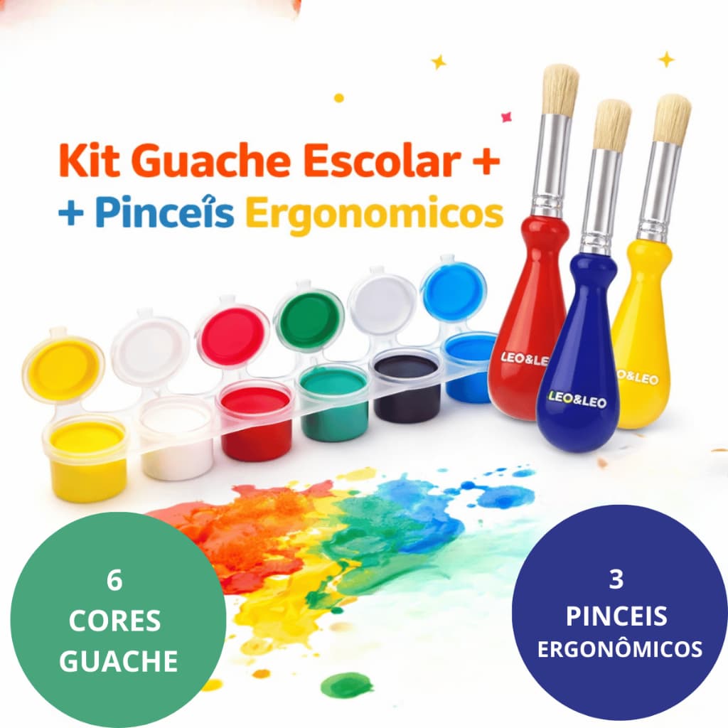 Kit Guache Infantil Escolar 6 Cores + 3 Pincéis Ergonômicos