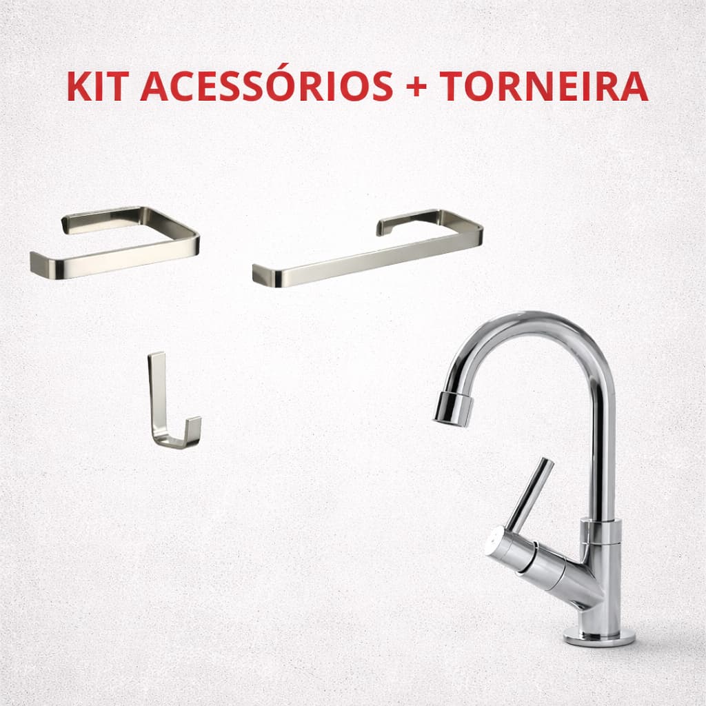 Kit Acessórios Quadrado 3 Peças + Torneira Lavatório Abs De Bancada Bica Móvel Cromada