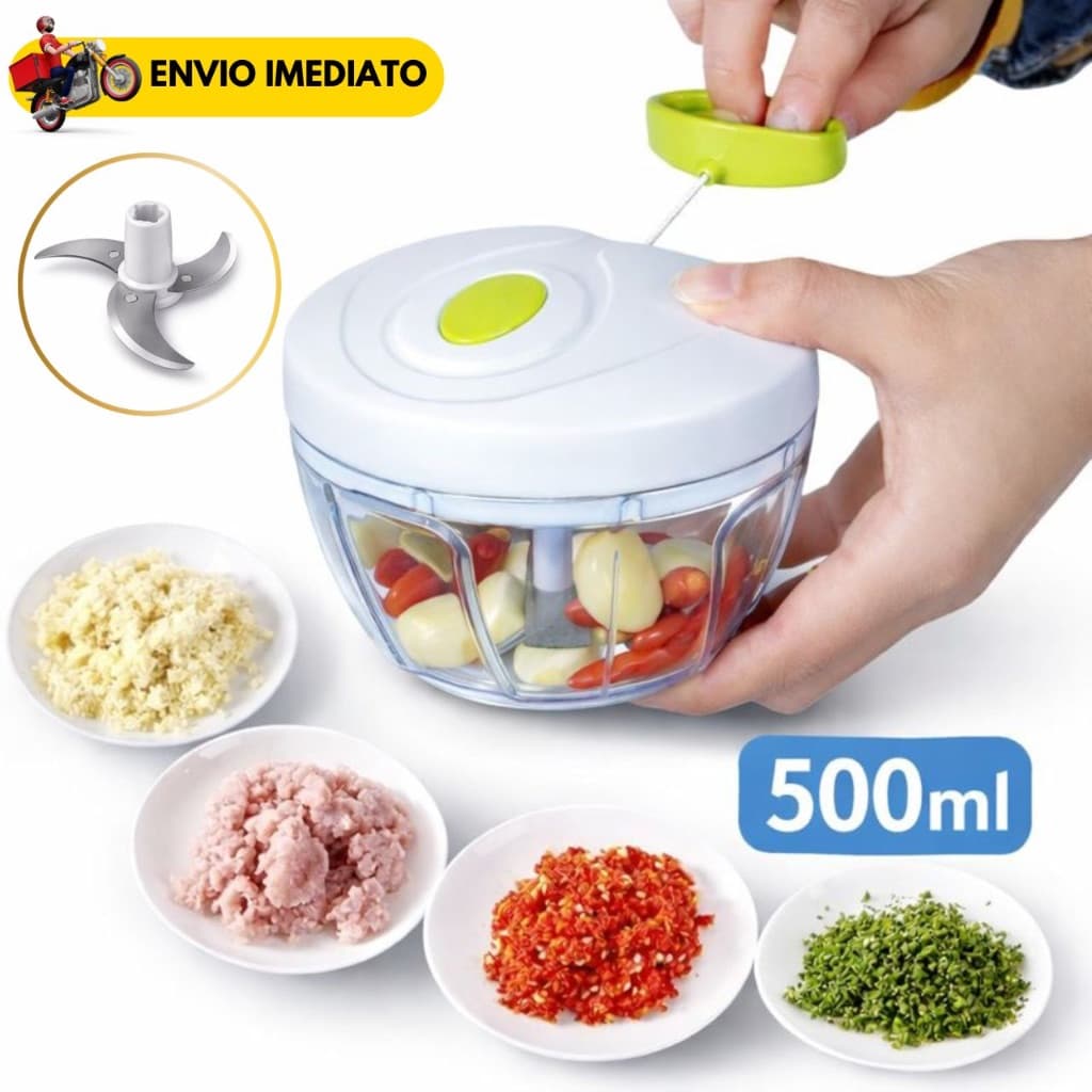 Mini Processador Manual 500ml 3 Lâminas Triturador Alimentos Pica Cebola Alho Temperos Sem Energia