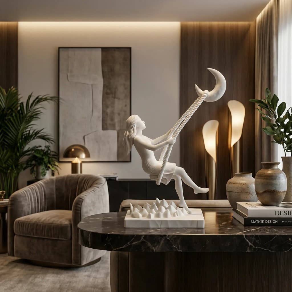 Escultura Decorativa Mulher na Lua Moderna para Sala e Quarto Minimalista Enfeite