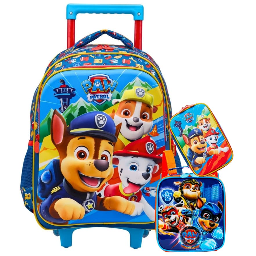 Kit Conjunto Escolar Infantil Paw Patrol Patrulha Canina Mochila Rodinha + Lancheira Térmica + Estojo Box
