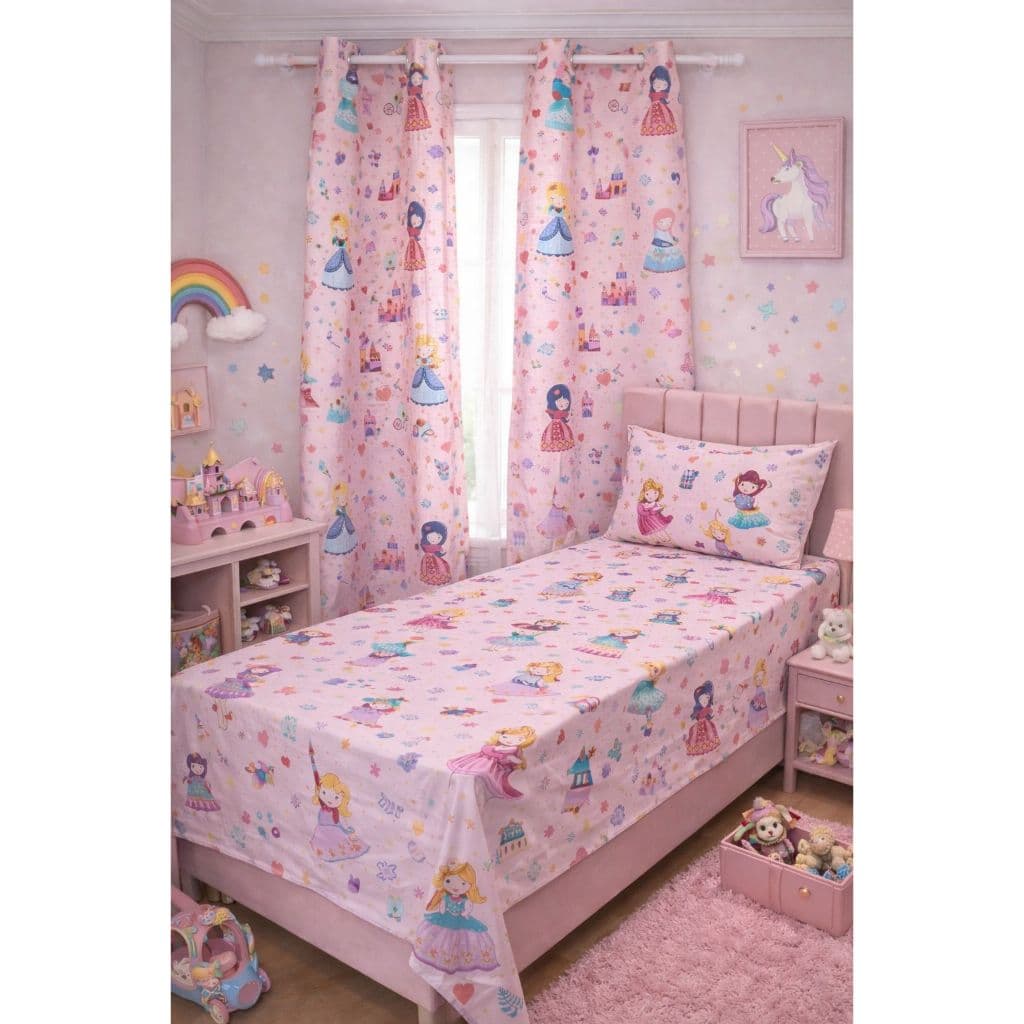 Kit Quarto Infantil – Jogo de Lençol + Cortina Estampados Algodão - Poliester