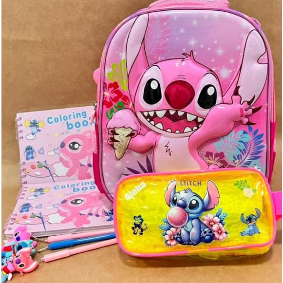 🎒 Kit Stitch Rosa Infantil Mochila + Estojo + Livros de Colorir + Canetas