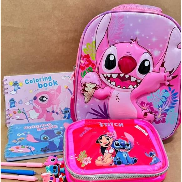 🎒 Kit Stitch Rosa Infantil Mochila 3D+ Estojo + Livros de Colorir + Canetas