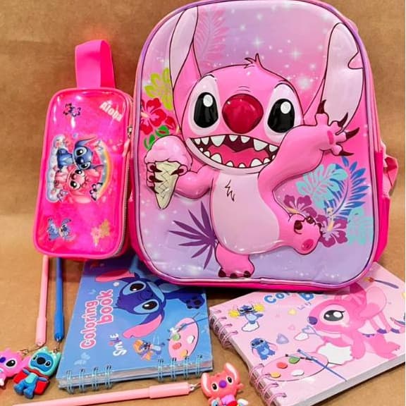 🎒 Kit Stitch Rosa Infantil Mochila + Estojo + Livros de Colorir