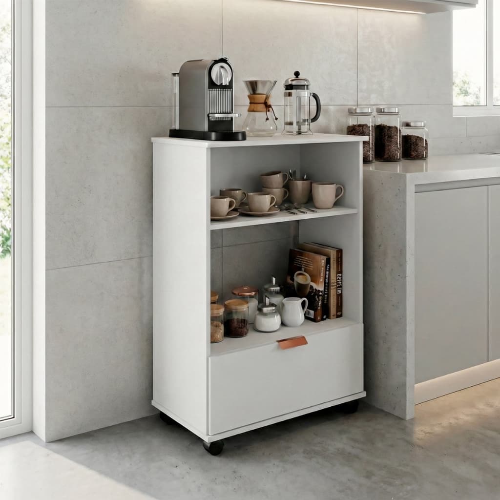 Armário Multiuso com Gaveta e Nichos – Organizador para Cozinha e Café com Rodízios