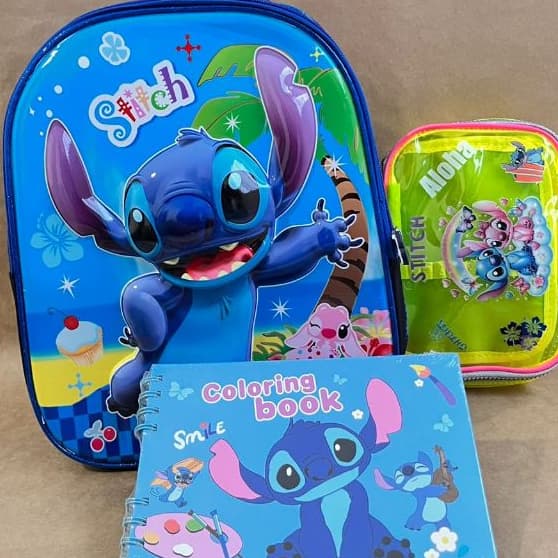 💙 Kit Stitch Azul Infantil Completo – Mochila + Estojo + Livro de Colorir + Canetas 🎒🖍️
