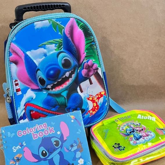 🏆 Kit Mochila Stitch 3D com Rodinhas + Estojo + Canetas + Caderno de Colorir 🎒🖍️
