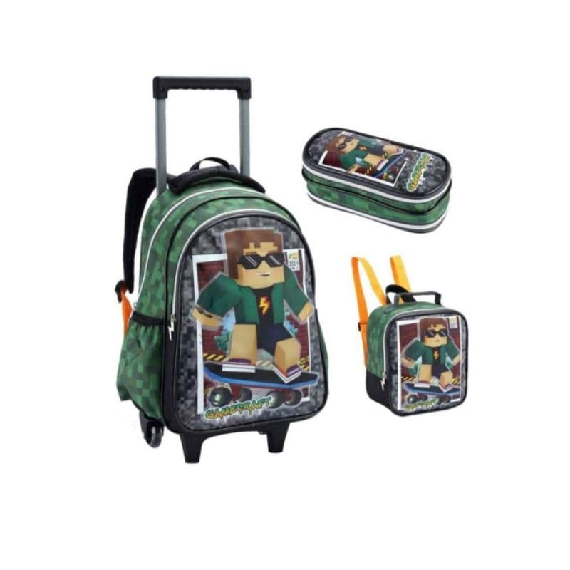 Kit Gamecraft Mochila rodinhas, lancheira e estojo duplo