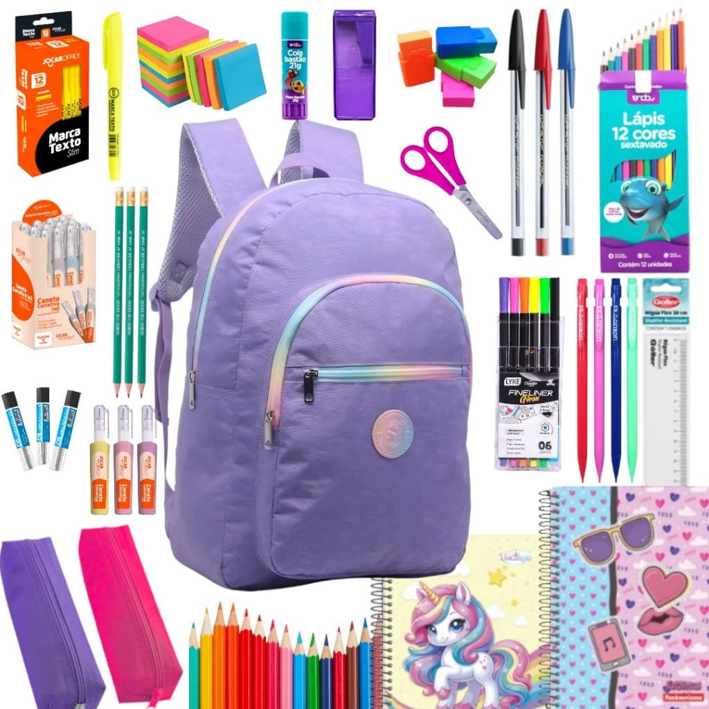 Kit Escolar Completo Feminino Mochila Estojo Caderno Menina Material Kit Ensino Fundamental Médio