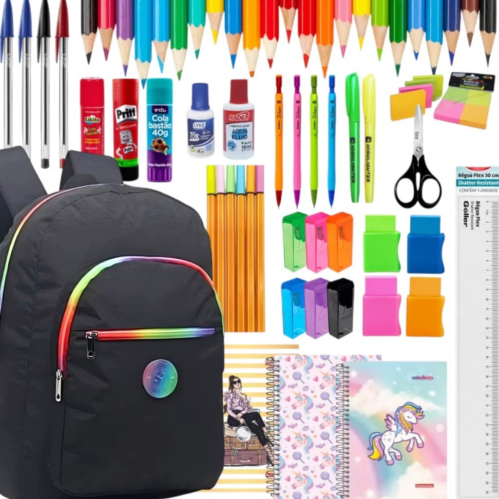 Material Escolar Sticker Canetinha fini Caderno 10 matérias Estojo Escolar Feminino Kit Completo
