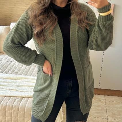Cardigan Kimono Feminino Tricot Aberto com Bolsos Casaco Elegante Grosso Quentinho Têndencia Inverno