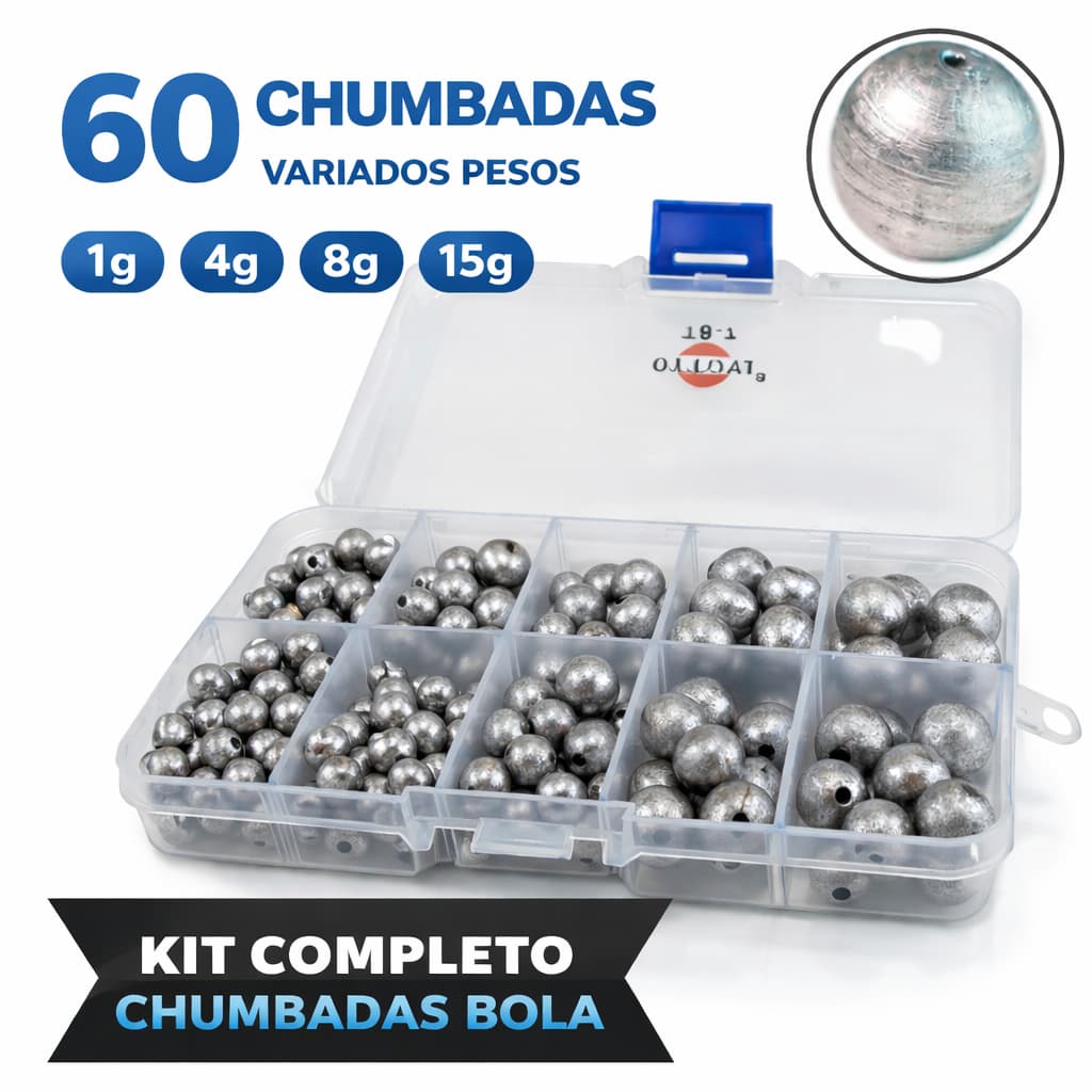 Kit Chumbadas de Pesca Bola com Estojo Organizador | 60 Peças Vários Pesos Pesqueiro Rio | Oferta