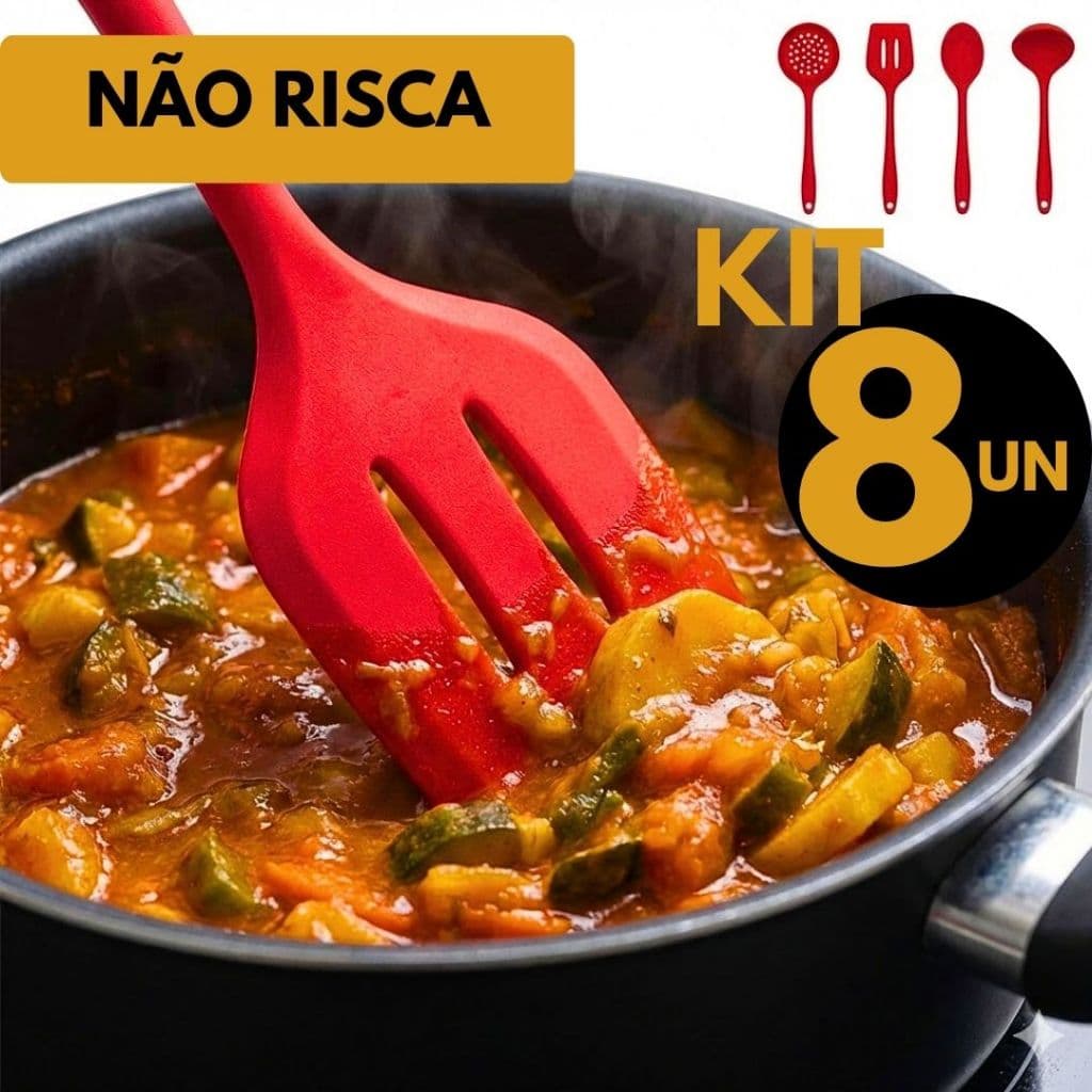 Kit Utensílios Antiaderente Silicone 8 Peças Não Risca Panela Resiste ao Calor Cozinha Prática