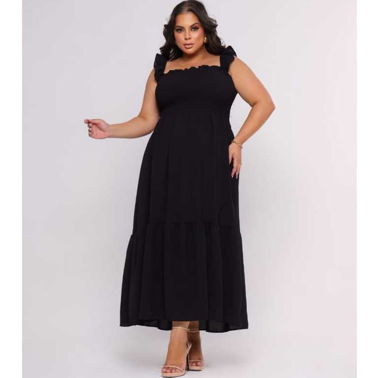 Vestido Plus Size Longo Preto Tendencia Fenda Moda Evangelica Festa Casual Elegante Midi