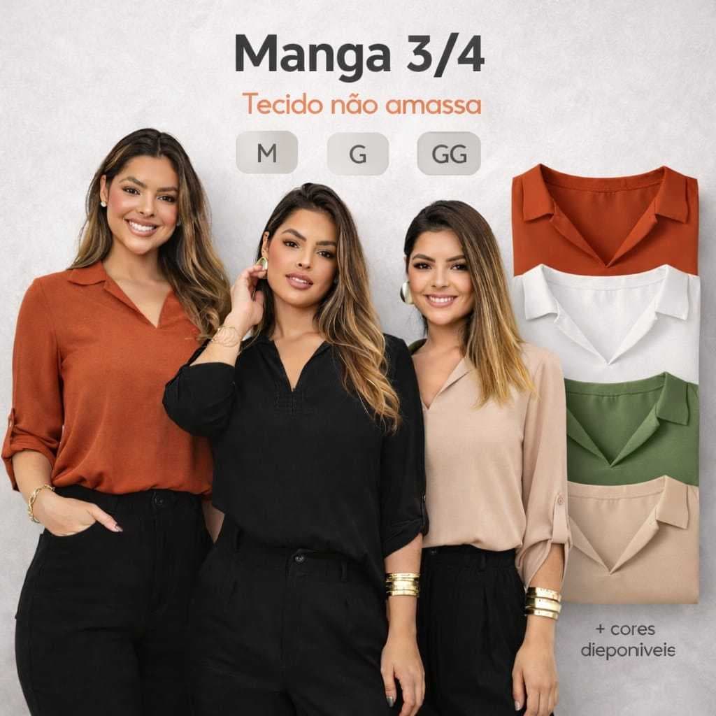 Kit 2 Blusas Feminina Manga Com Botão Duna Alfaiataria Social Básica Elegante Várias Cores