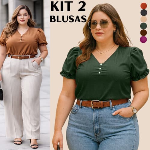 BLUSA PLUS SIZE FEMININA KIT 2 BLUSAS FEMININAS MODA SOCIAL BASICA GRANDE BLUSAS ESTILOSA VERSATIL ALTA QUALIDADE