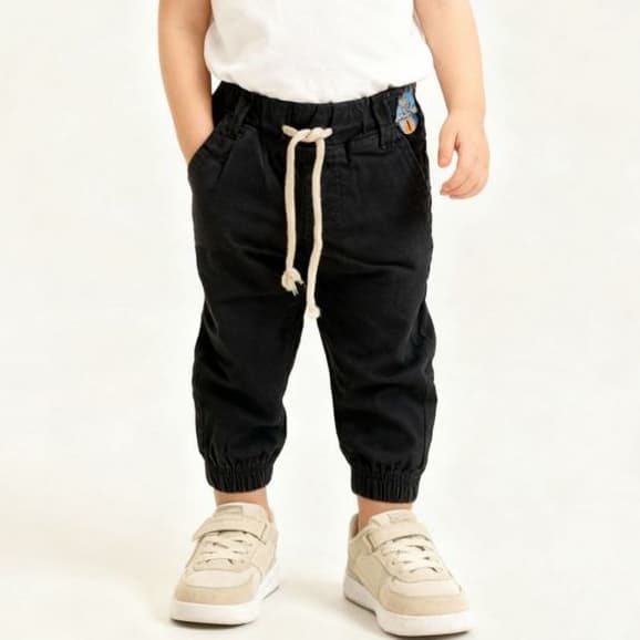 Calça Jogger Infantil Menino Sarja Com Cordão Ajuste Na Cintura E Barra 1 2 3 Anos Preta Caramelo