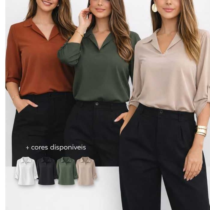 Kit 3 Blusa Feminina Manga Com Botão Duna Alfaiataria Social Básica Elegante Várias Cores