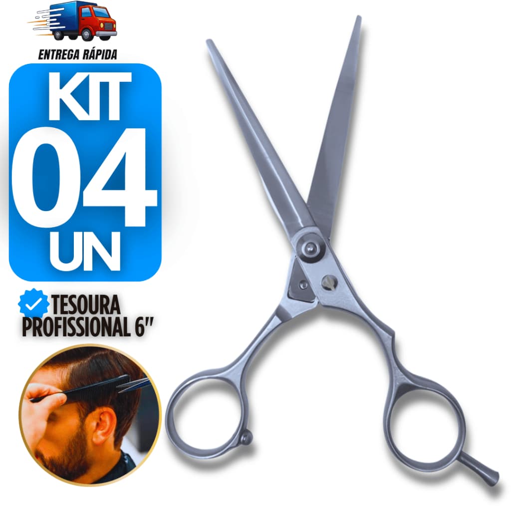 Kit 04 Tesoura de Cabelereiro Profissional Aço Inoxidável Fio Navalha Corte de Cabelo Barba Premium Profissional