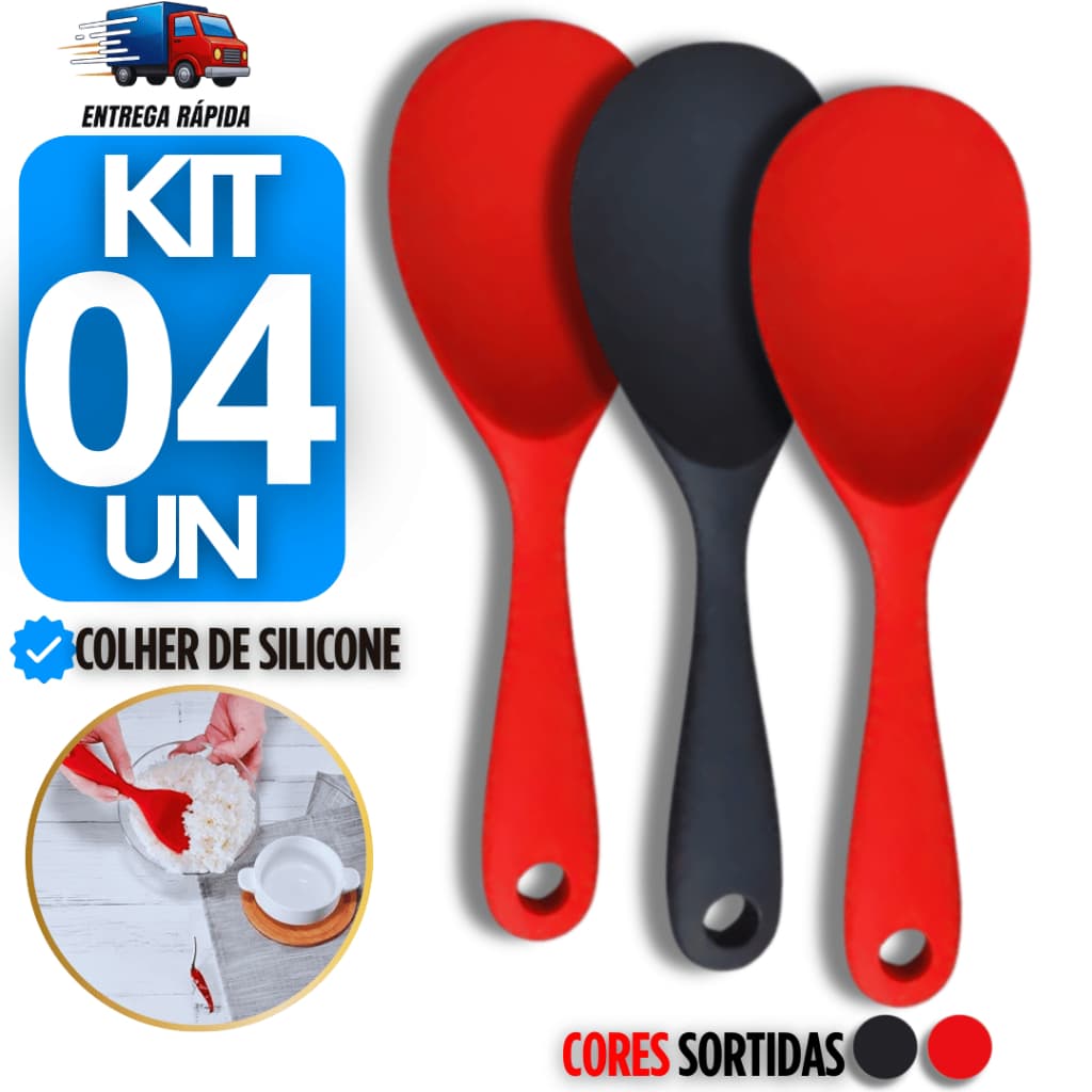 Conjunto  04 Colher de Silicone Servir Utensílio Multiuso para Panela Arroz Sopa Cozinha 21cm Cores Sortidas