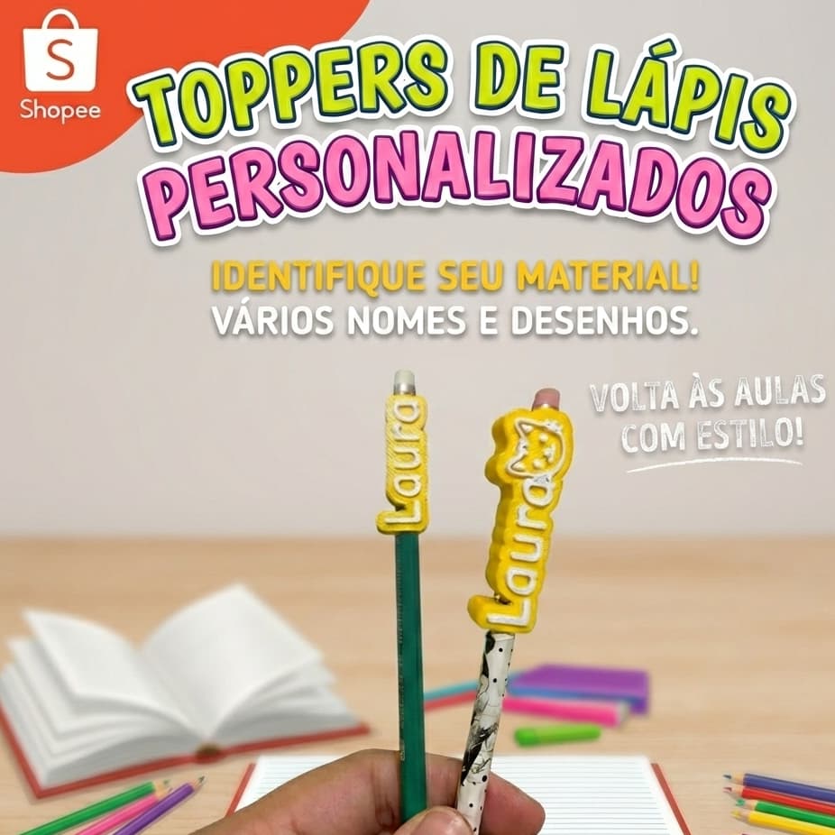 Kits Topper de Lápis Personalizado com Nome | Identificador para Material Escolar | ( Frete Grátis via Cupom Shopee)