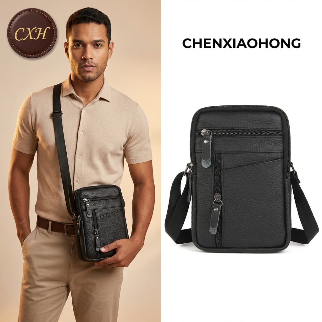 Bolsa vertical masculina em couro para celular, multifuncional, com zíper, para usar no ombro ou na transversal.