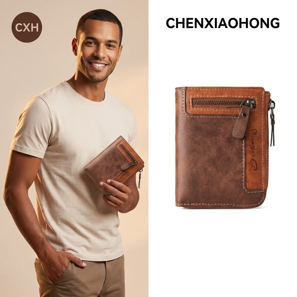 Porta-crachá masculino de alta qualidade, modelo curto, com zíper, em couro, para moedas.