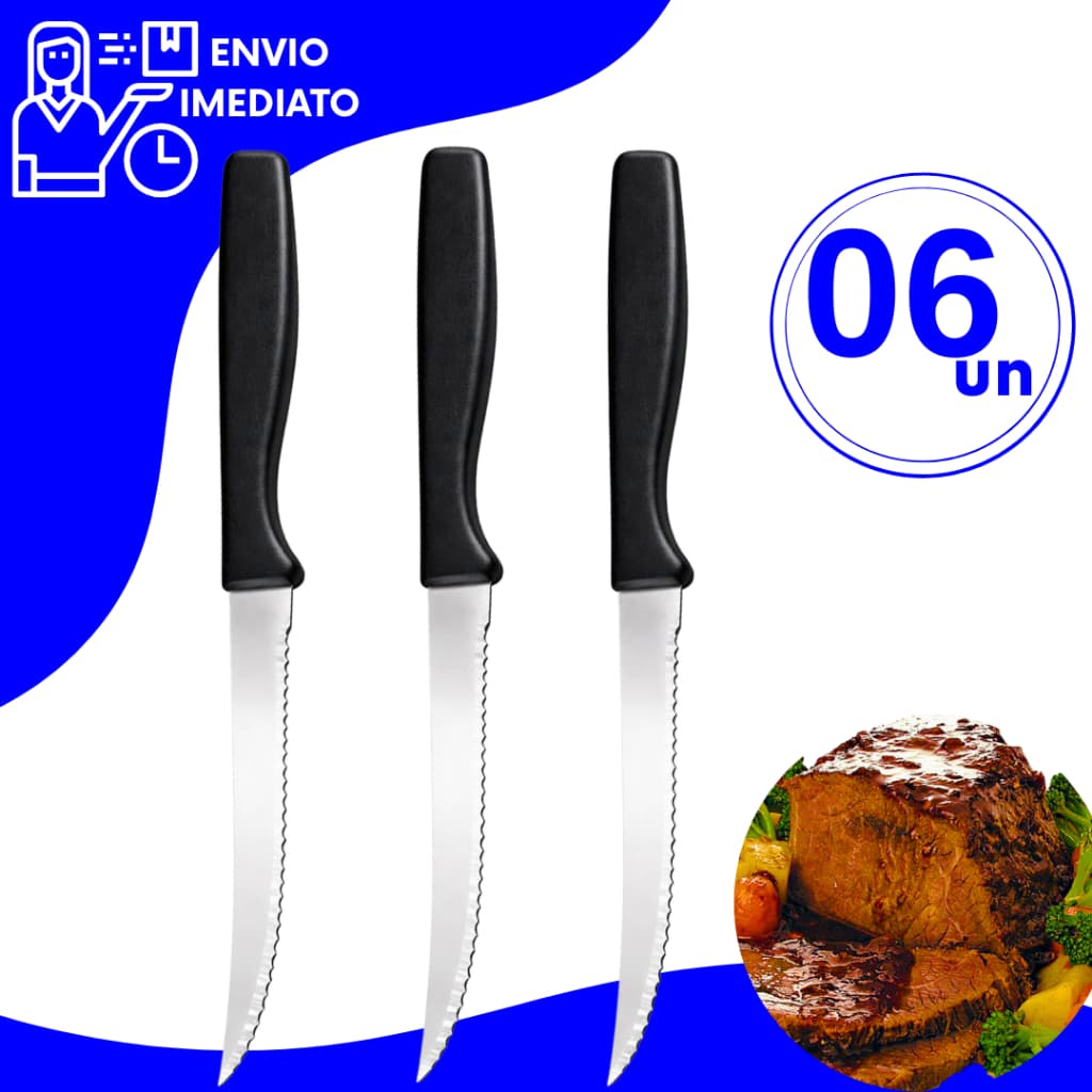 Kit 6 Facas de Cozinha Inox Premium Cabo Preto com Serra Ideal Refeições Restaurantes Buffet