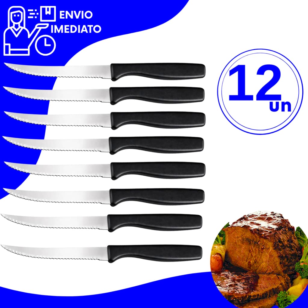 Kit 12 Facas de Mesa Aço Inox Premium Cabo Preto com Serra Ideal Refeições Utensílios de Cozinha