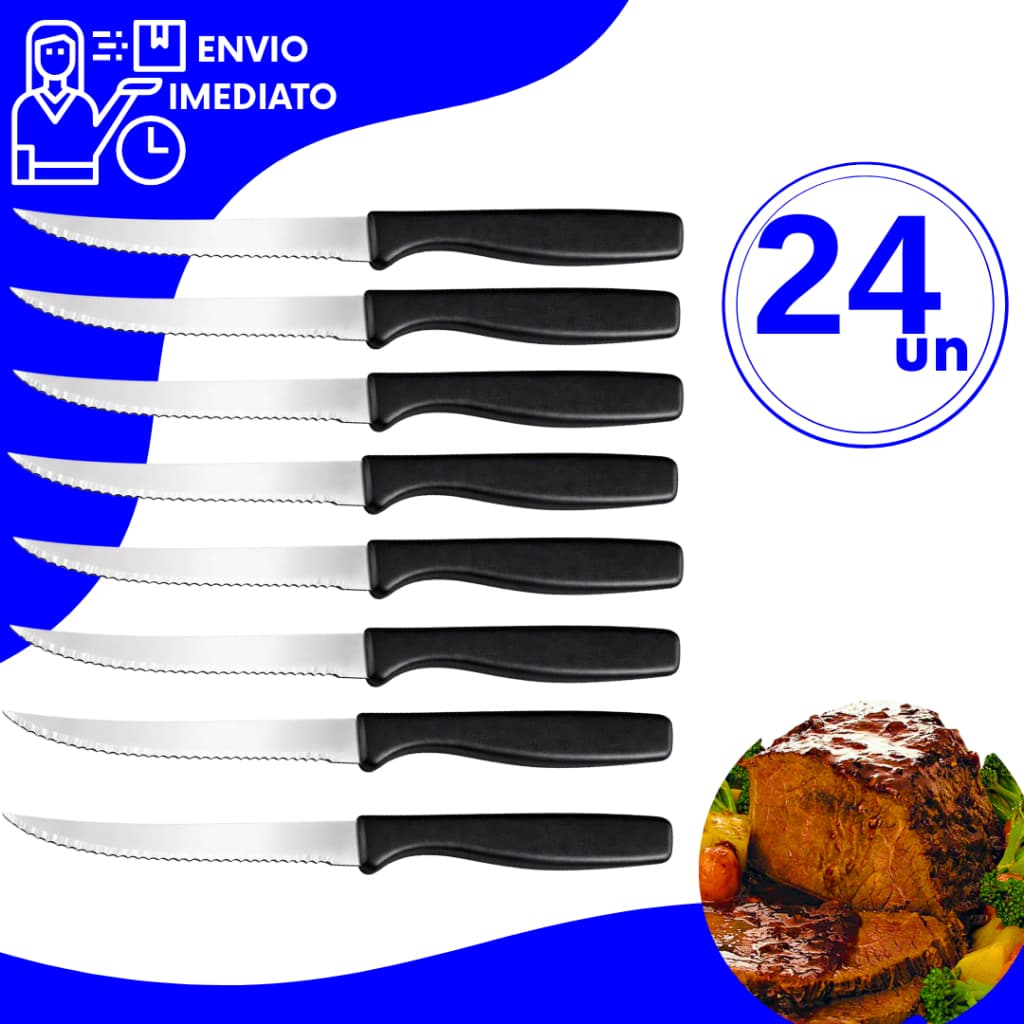 Kit 24 Facas de Mesa Aço Inox Premium Cabo Preto Lâmina com Serrinha Ideal para Refeições Cozinha