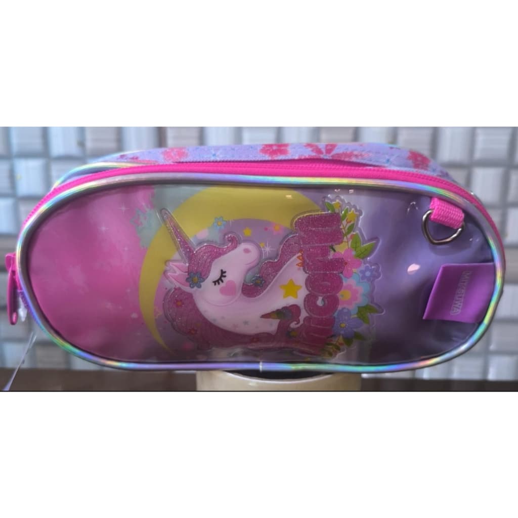 Estojo Escolar Infantil Unicórnio - Modelo 2024 - Rosa - 2 Zipers