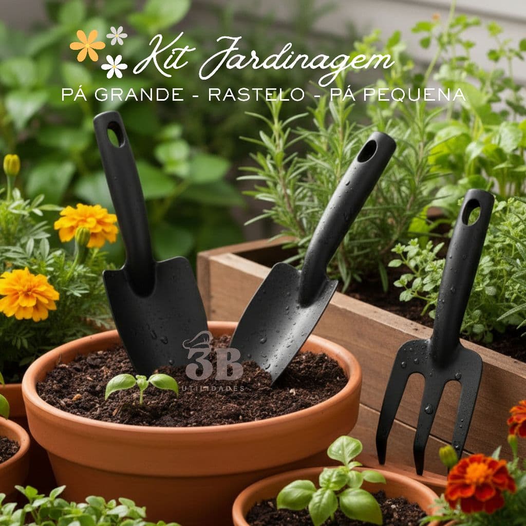 Kit jardinagem horta ferramentas essenciais 3 peças pá rastelo plástico resistente preto